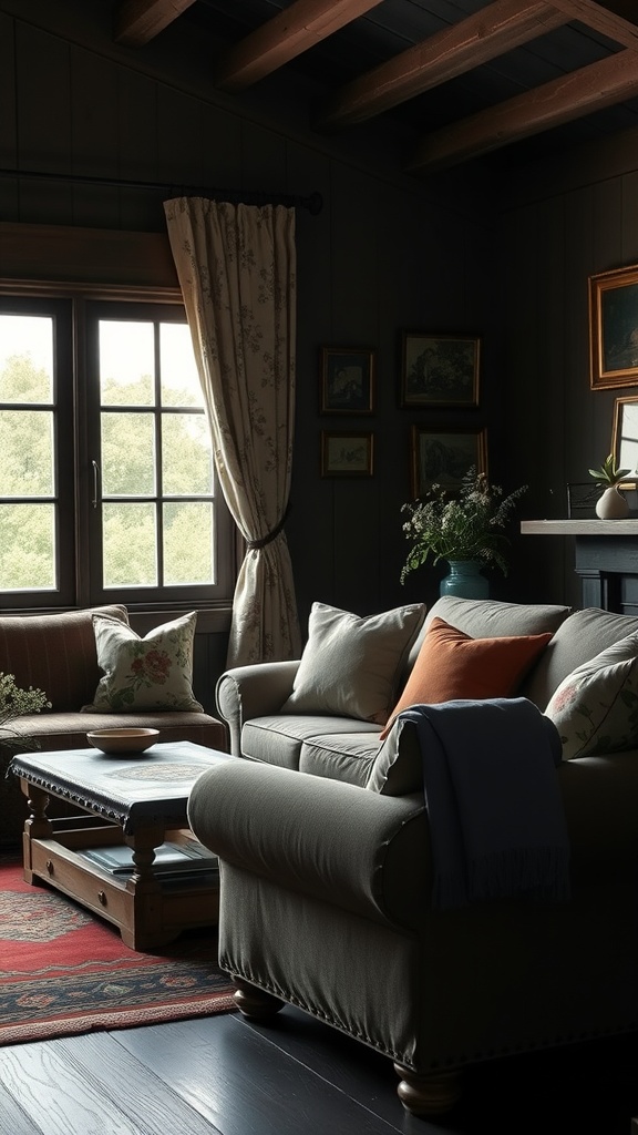 A cozy dark farmhouse living room with floral patterned cushions and curtains, featuring a wooden coffee table and plush seating.
