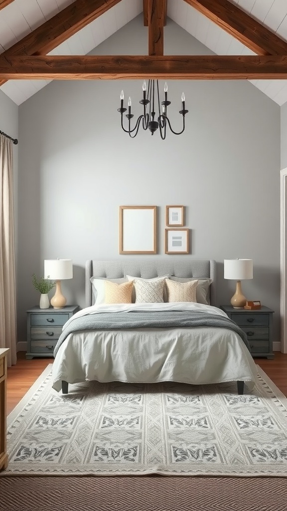 A cozy farmhouse bedroom featuring subtle gray walls, wooden ceiling beams, and soft bedding.