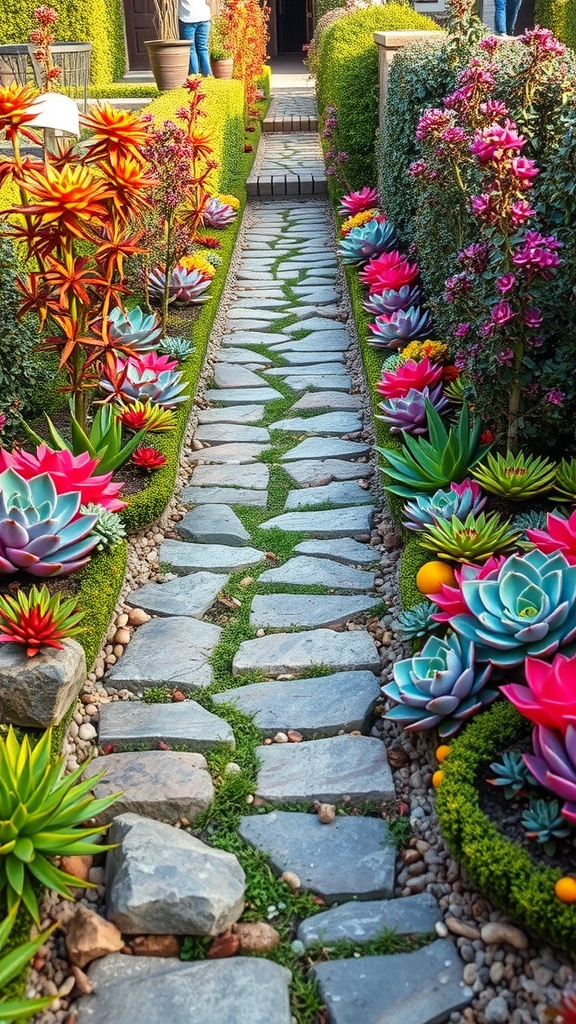 A beautiful pathway lined with colorful succulents and flowers, featuring stone pavers and lush greenery.