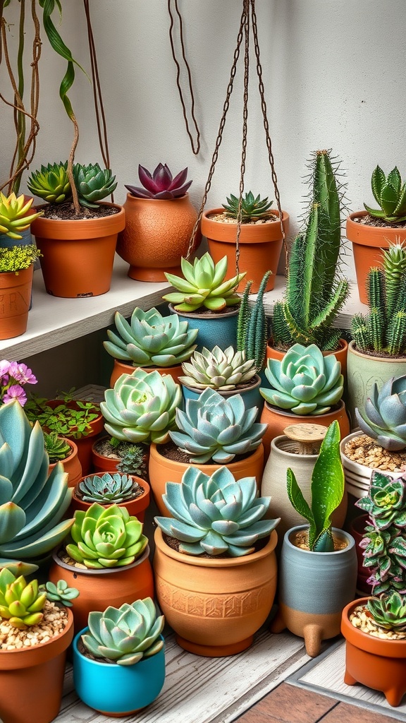 A collection of various succulents in terracotta pots arranged on a shelf