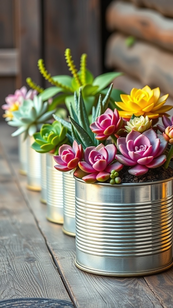 Colorful succulents displayed in recycled metal cans on a wooden surface.