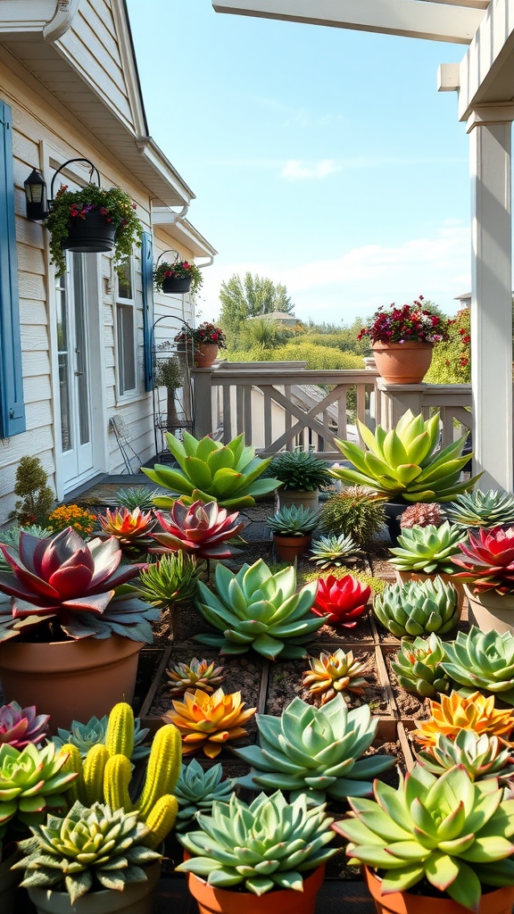 A vibrant succulent garden display on a farmhouse patio, featuring various succulents in colorful pots, complemented by hanging flower plants.
