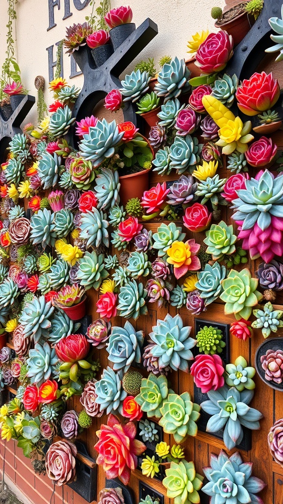 Colorful succulent wall art display featuring a variety of vibrant succulents arranged creatively.