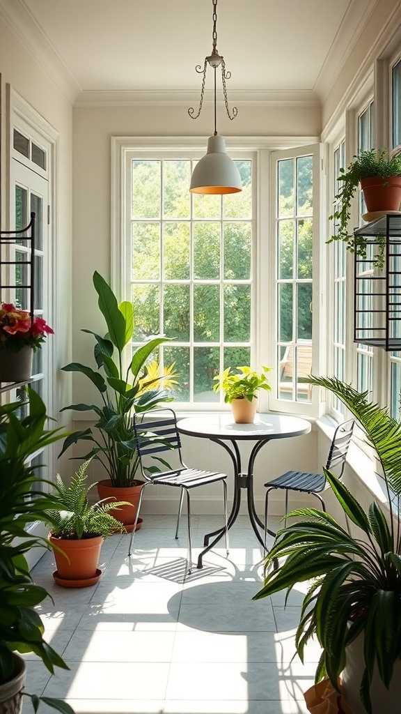 A sunroom breakfast area with a black table and chairs surrounded by various potted plants.