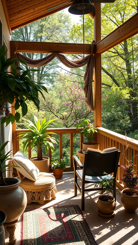 A sunny reading nook on a back porch with plants, a wicker chair, and a cozy atmosphere.
