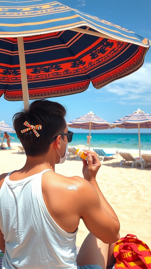 A person applying sunscreen while sitting under a beach umbrella, symbolizing sun protection.