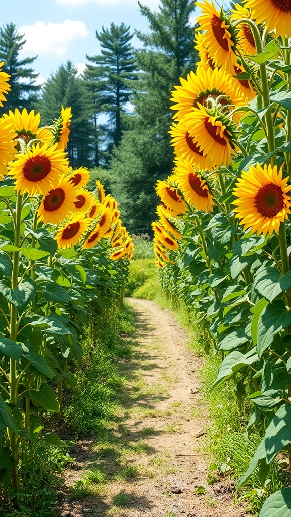 A sunny path bordered by tall sunflowers, creating a cheerful atmosphere