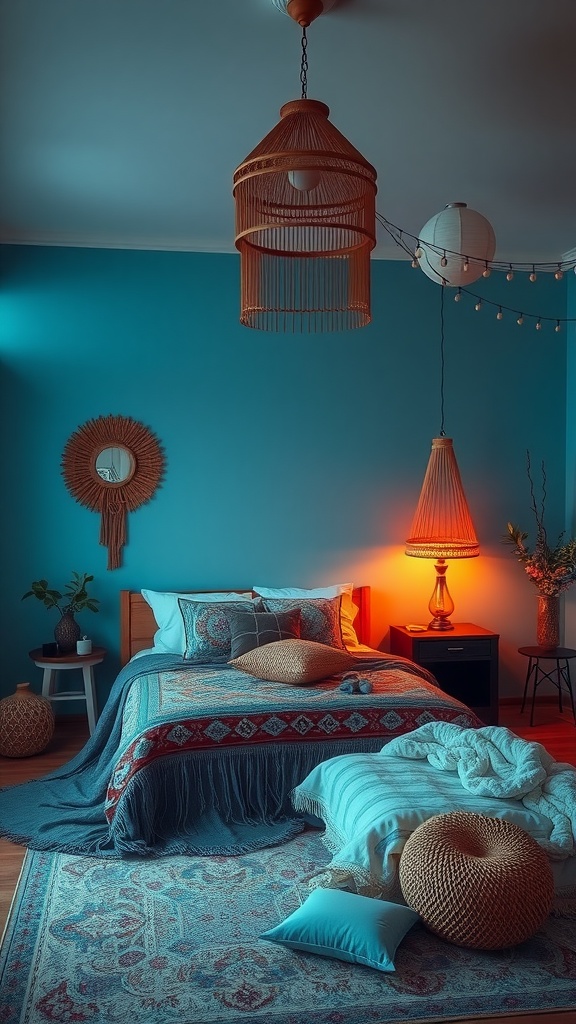 A cozy blue boho bedroom featuring warm lamp lighting and a sunset-inspired color palette.