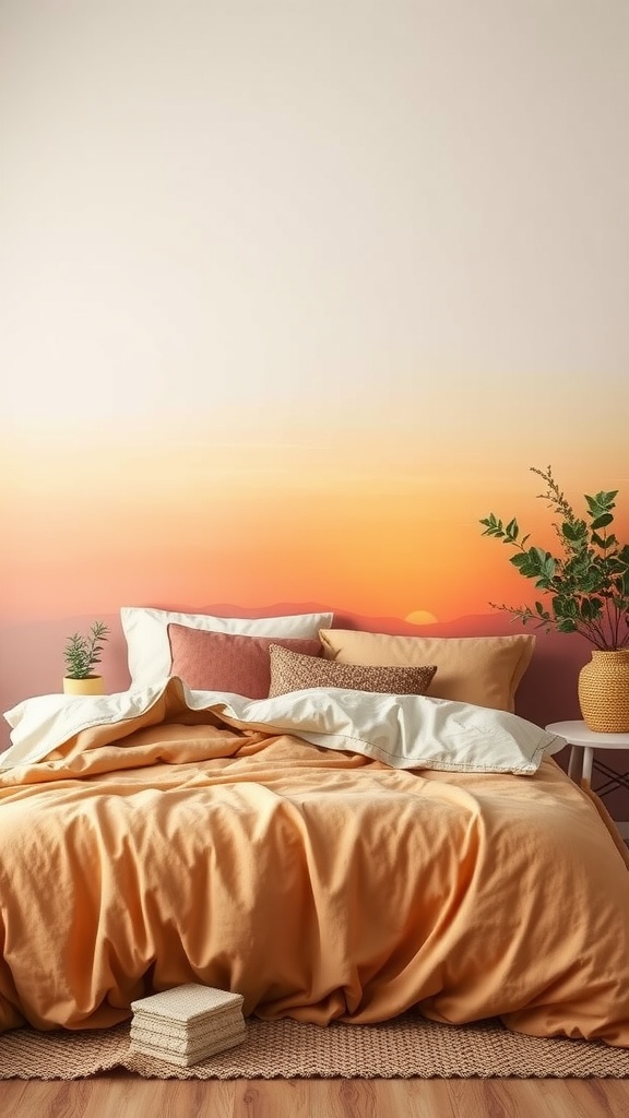 A cozy bedroom featuring a sunset-inspired color palette with warm peach and coral tones, complemented by plants and soft bedding.