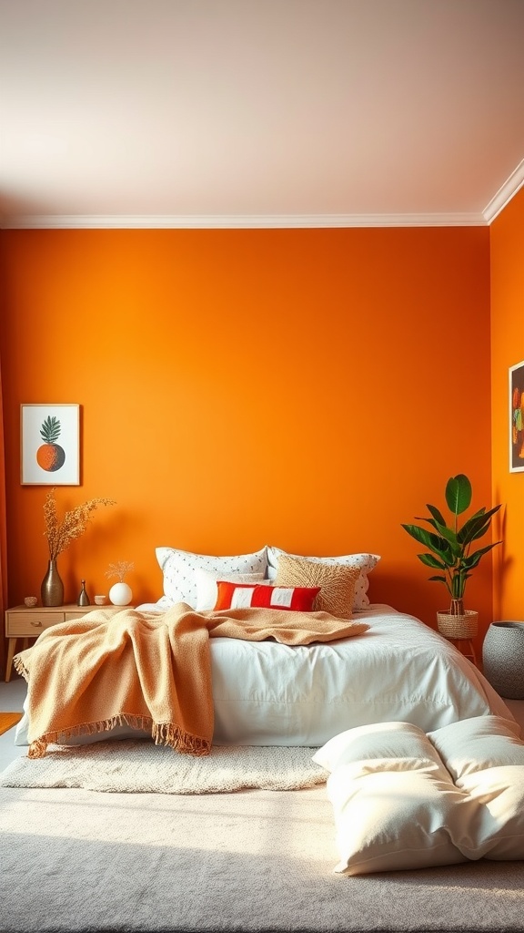 A cozy bedroom featuring a sunset orange accent wall, white bedding, and natural decor elements.