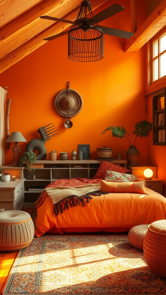 A cozy farmhouse bedroom painted in sunset orange with wooden beams, decorative accents, and soft furnishings.