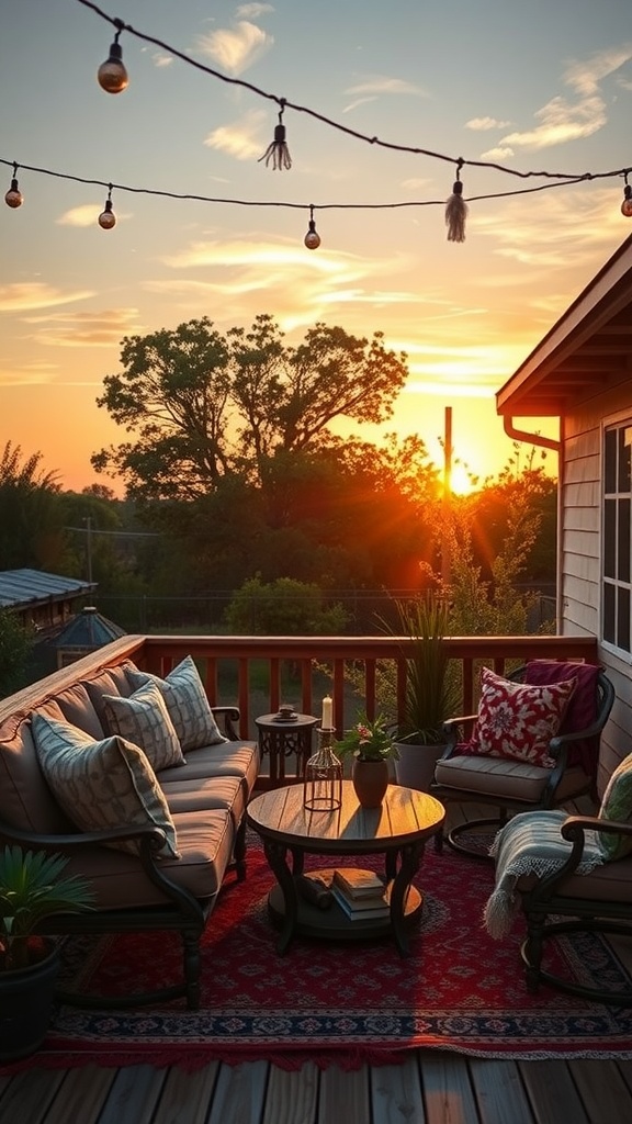 A cozy sunset viewing area on a back porch with comfortable seating, plants, and string lights.