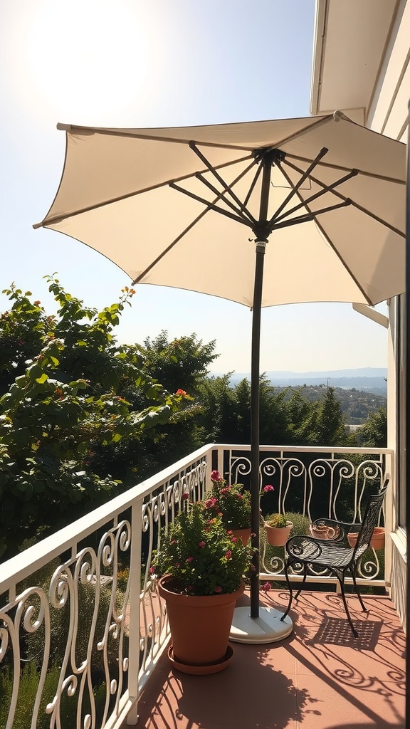 A cozy balcony with a large umbrella providing shade, potted plants, and a black chair.