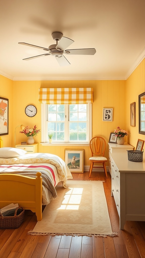 A bright farmhouse bedroom painted in sunshine yellow with cozy decor.