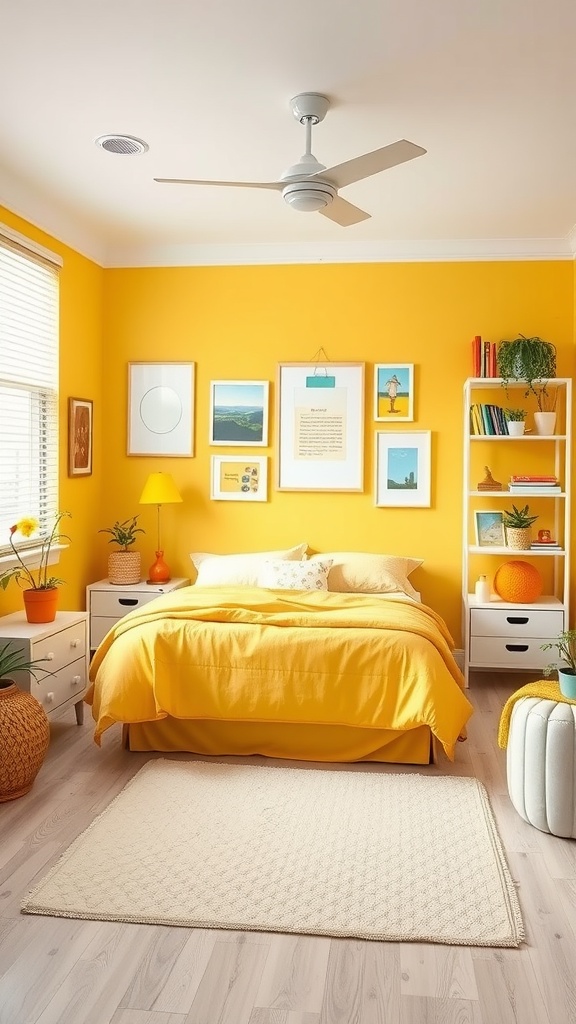 A cheerful bedroom featuring a sunshine yellow accent wall, bright decor, and a cozy atmosphere.