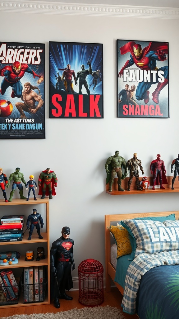 A bedroom featuring superhero action figures on display, vibrant wall art, and colorful bedding.