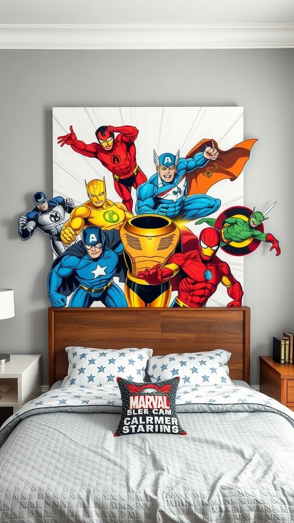 Colorful superhero wall art featuring iconic characters above a bed with star-patterned bedding.