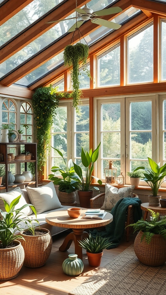 A cozy sunroom with wooden beams, large windows, greenery, and boho decor.