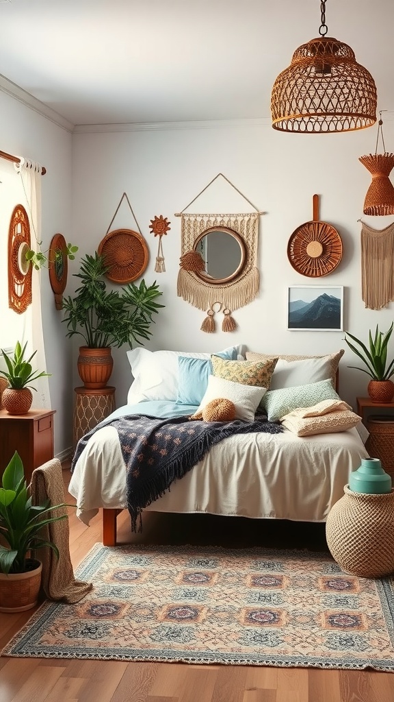 A cozy Boho style bedroom featuring plants, woven decor, and layered textiles.