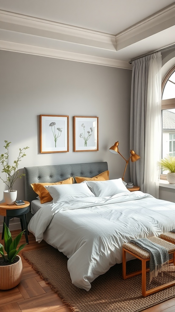 A stylish boho mid-century modern bedroom featuring a grey wall, a cozy bed with white linens and accent pillows, and natural decor elements.