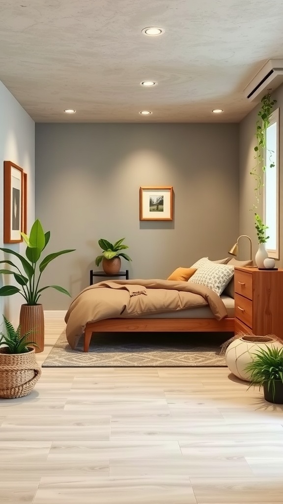 A stylish farmhouse basement bedroom featuring wooden furniture, plants, and energy-efficient lighting.