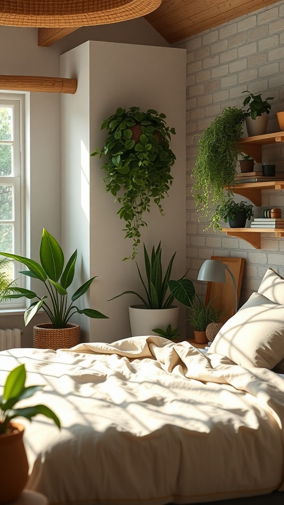 A cozy, eco-friendly bedroom filled with plants, soft bedding, and natural light.