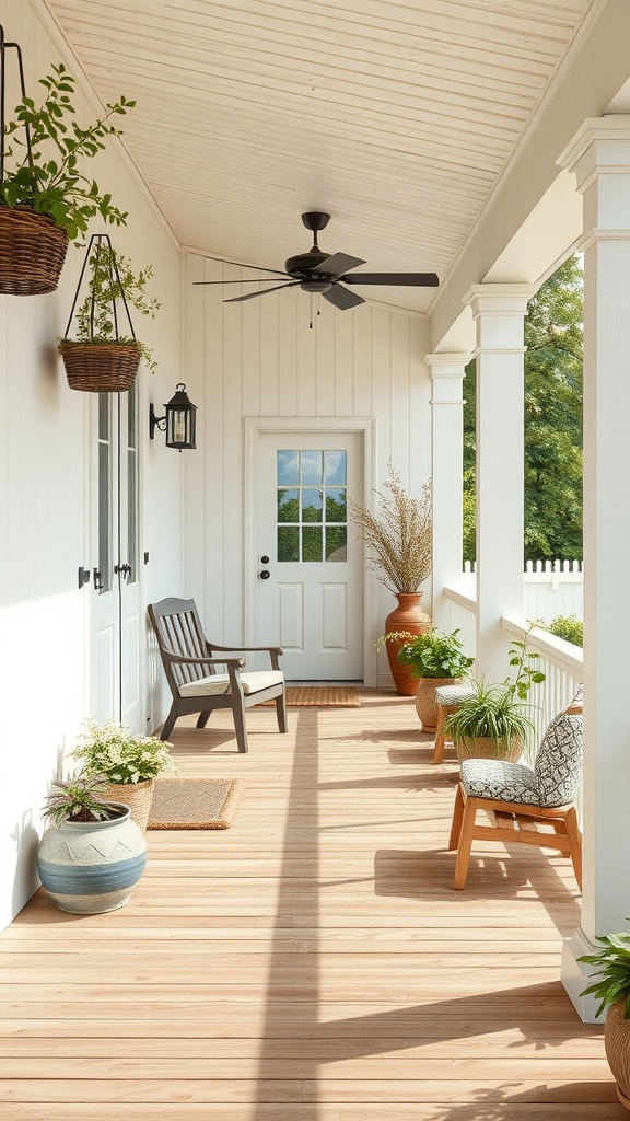 Stylish farmhouse back porch with plants, wooden flooring, and a ceiling fan.