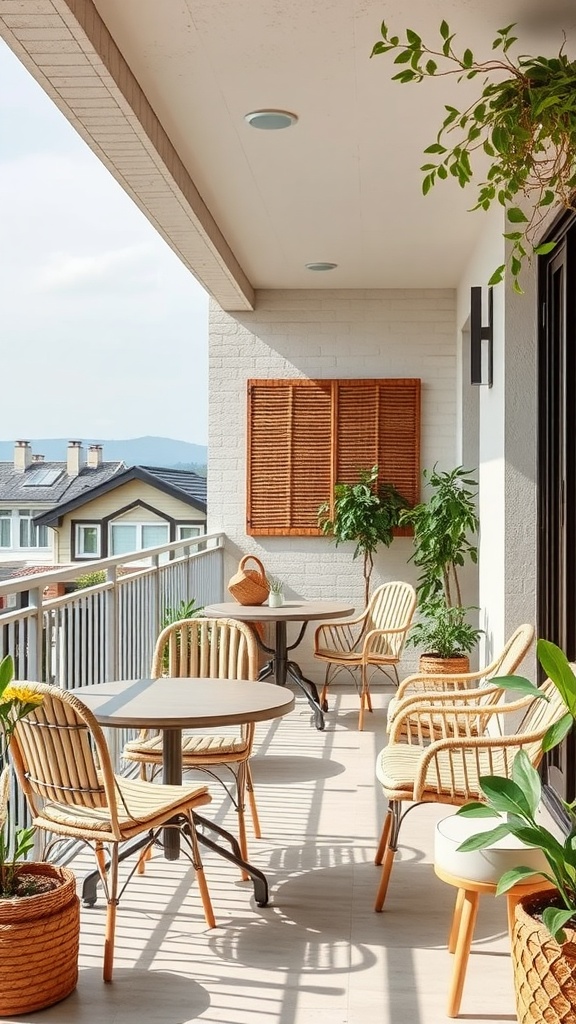 A cozy balcony with rattan chairs, a small table, and potted plants, showcasing sustainable furniture choices.