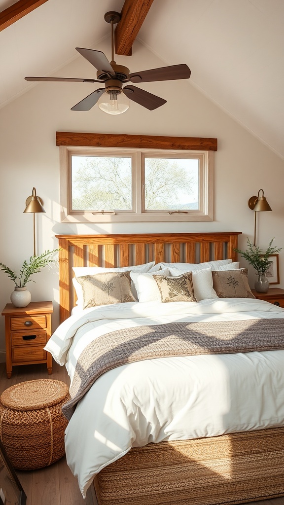 A cozy farmhouse chic bedroom featuring a wooden bed, nightstands, and natural decor.