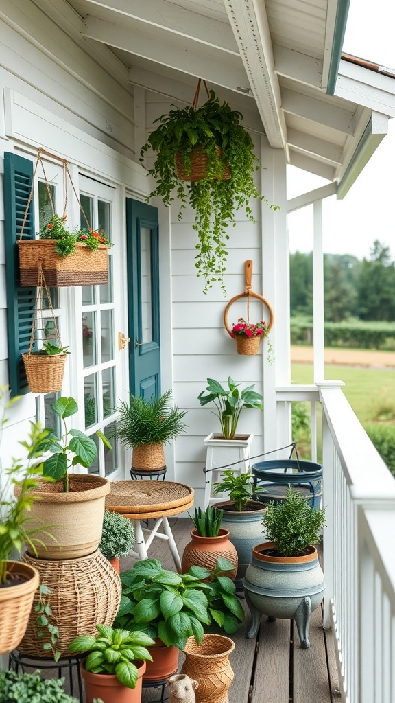 A cozy farmhouse balcony filled with various plants in pots and hanging baskets, showcasing sustainable gardening practices.