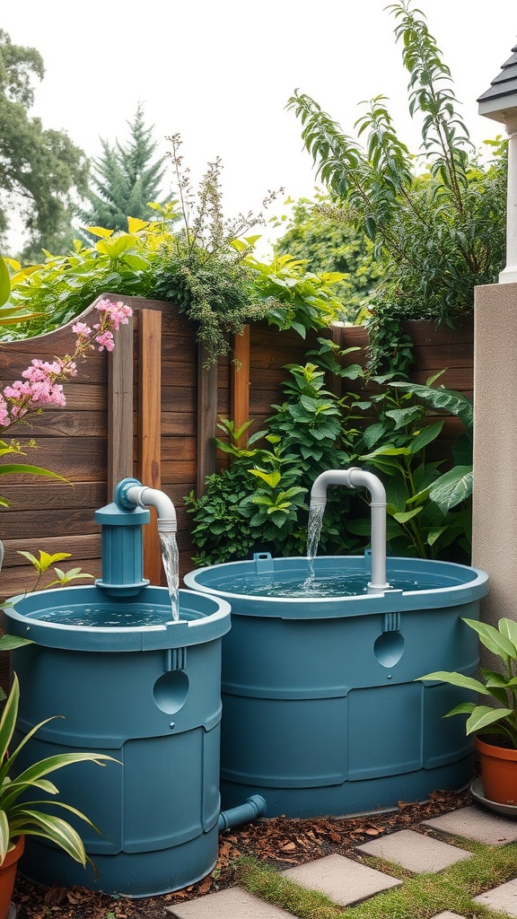 Two rain barrels for sustainable rainwater harvesting in a lush garden setting.