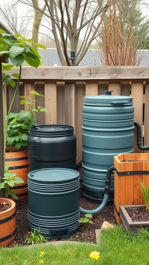Rainwater harvesting system with multiple barrels in a garden setting