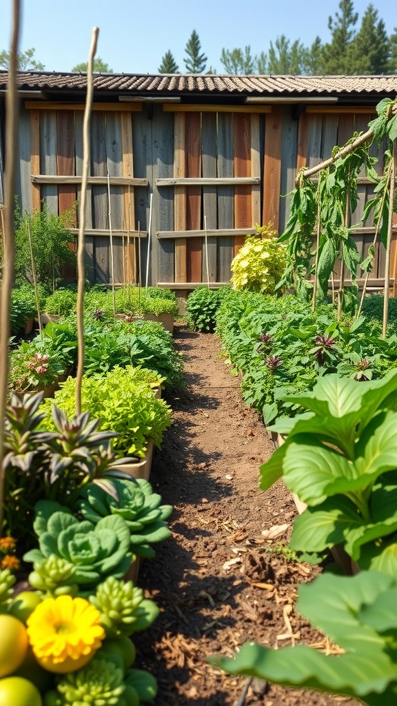A lush vegetable garden with various plants and wooden supports, showcasing sustainable gardening practices.