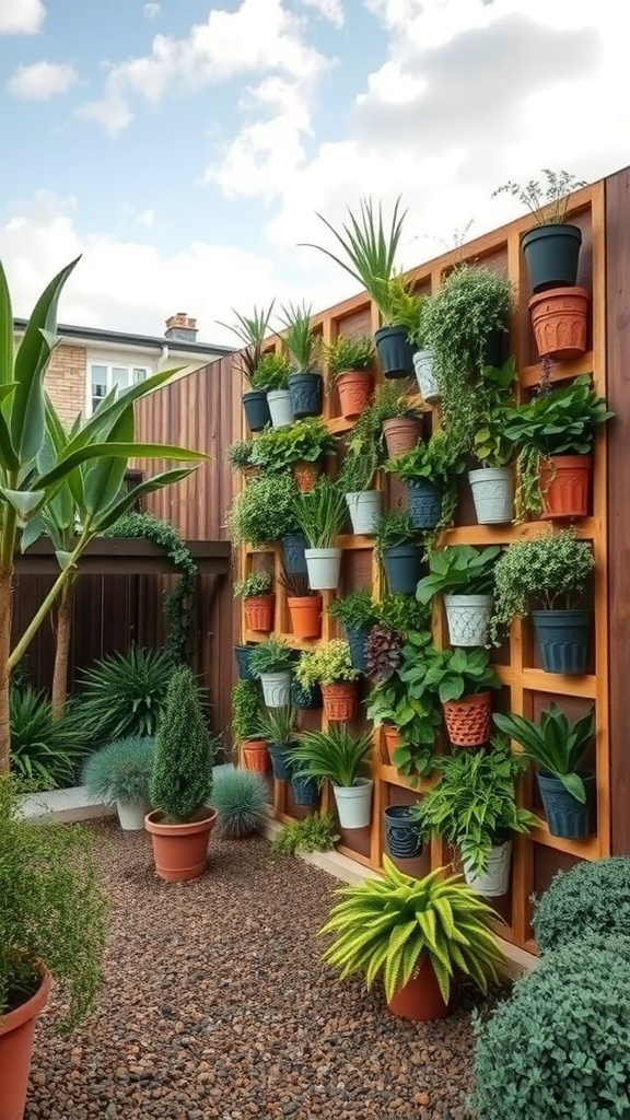 A vertical garden wall with various plants in colorful pots, surrounded by gravel and greenery.