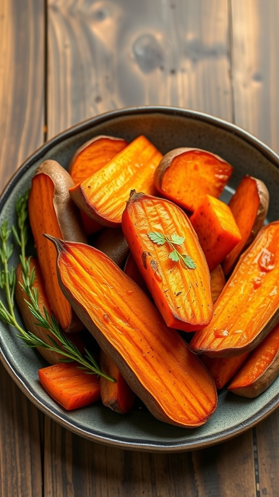 A bowl of sliced roasted sweet potatoes with herbs on a wooden table.