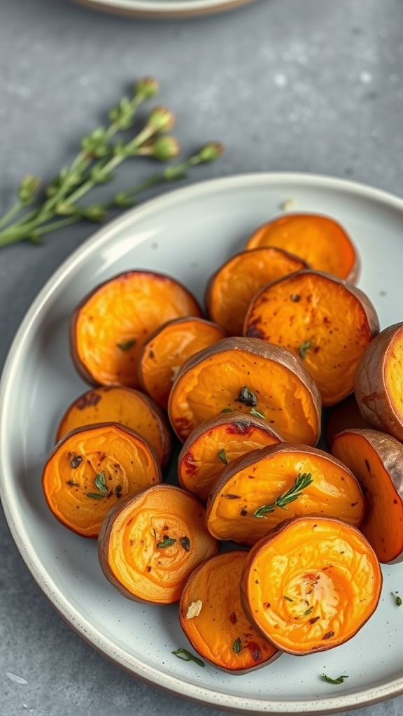 A plate of roasted sweet potato slices garnished with herbs.