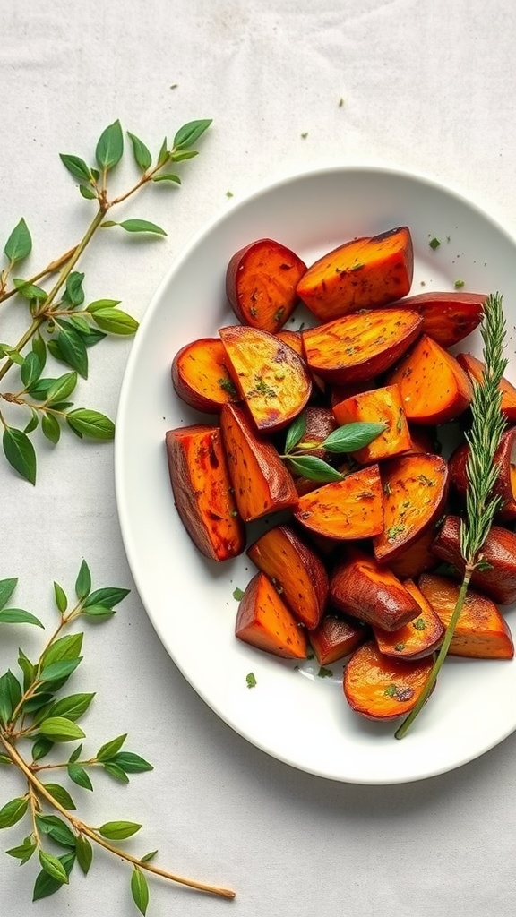 A plate of roasted sweet potato wedges garnished with herbs