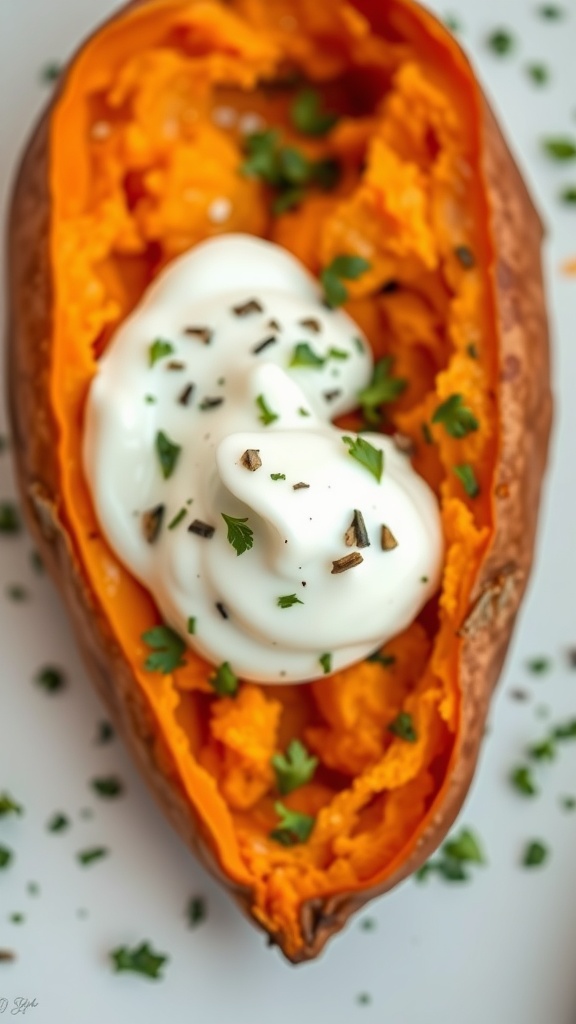 Baked sweet potato topped with creamy sauce and herbs