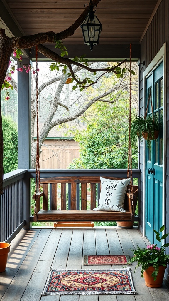A cozy back porch featuring a swing seat, colorful plants, and decorative rugs.