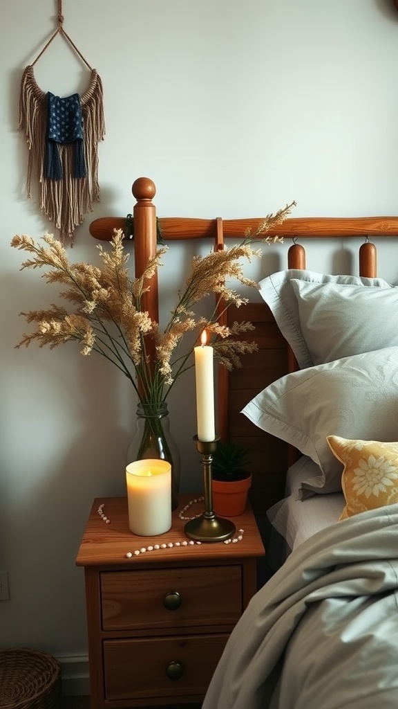A cozy bedroom scene with tapered candles, a pillar candle, and a vase of dried flowers on a bedside table.