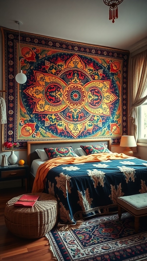 A cozy boho style bedroom featuring a vibrant tapestry as wall art, with beautifully coordinated bedding and warm lighting.