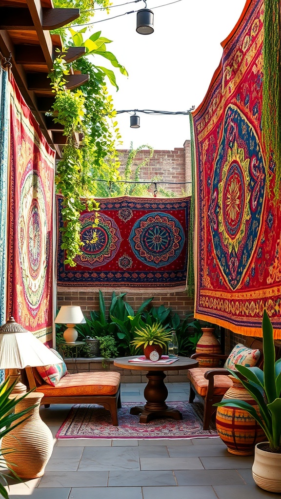 A cozy patio with colorful tapestries, plants, and comfortable seating.