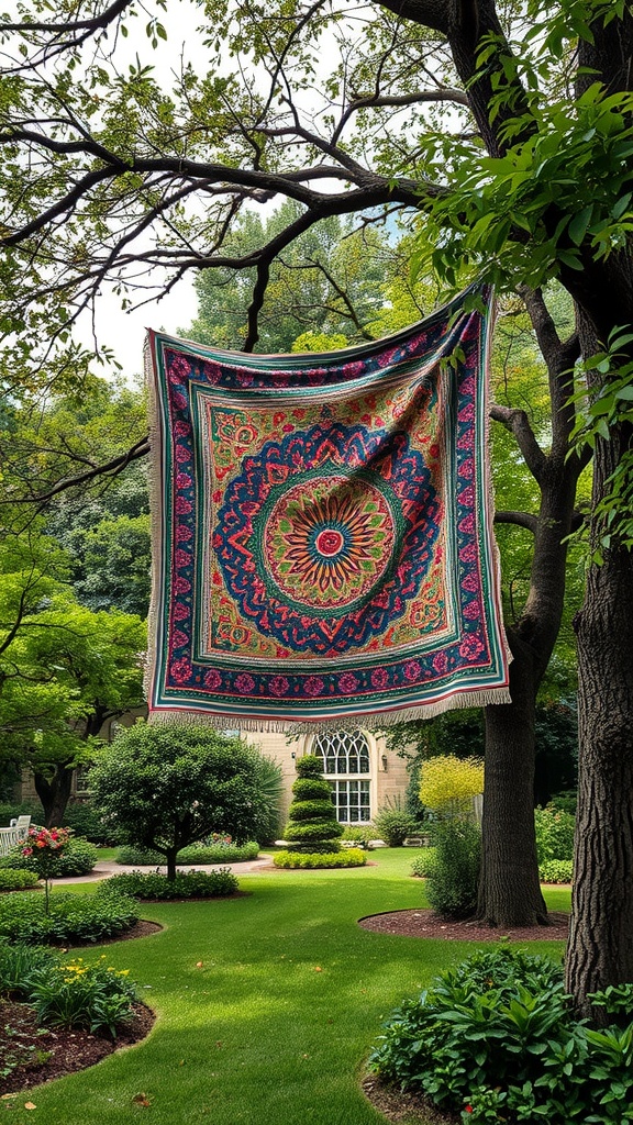 A colorful tapestry hanging from a tree in a lush garden, creating a magical atmosphere.