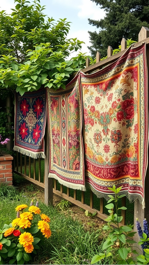 Colorful tapestries hanging on a wooden fence with flowers in the foreground