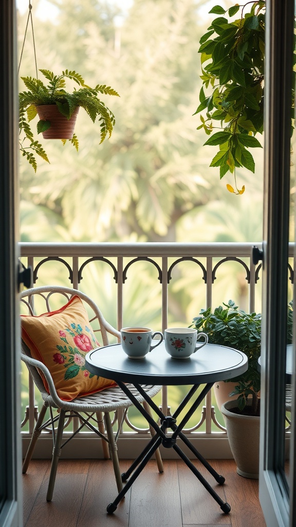 A cozy balcony nook with a table and two cups, surrounded by plants.