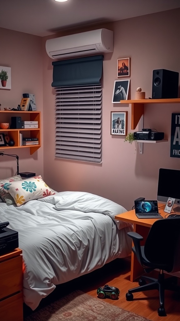 A cozy teenage bedroom featuring a tech-friendly setup with a computer and charging station.