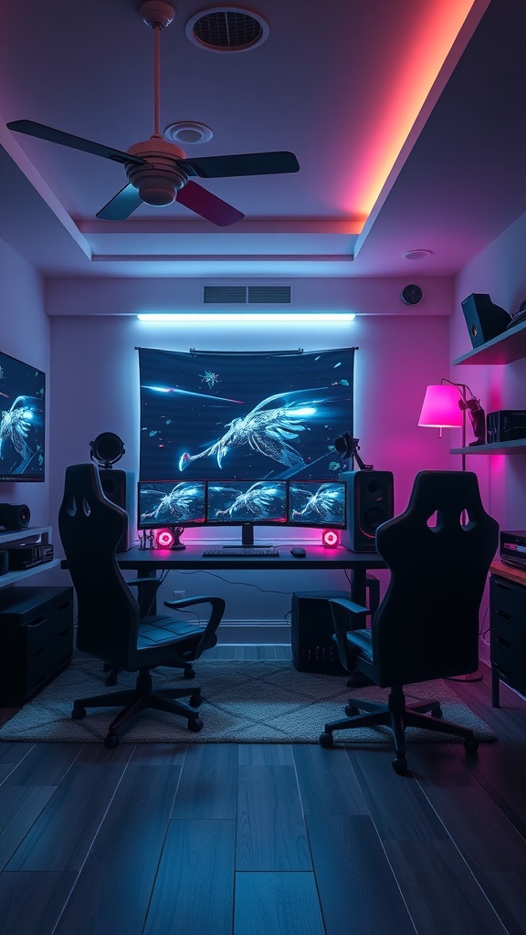 A modern gaming setup with dual monitors, neon lights, and comfortable chairs