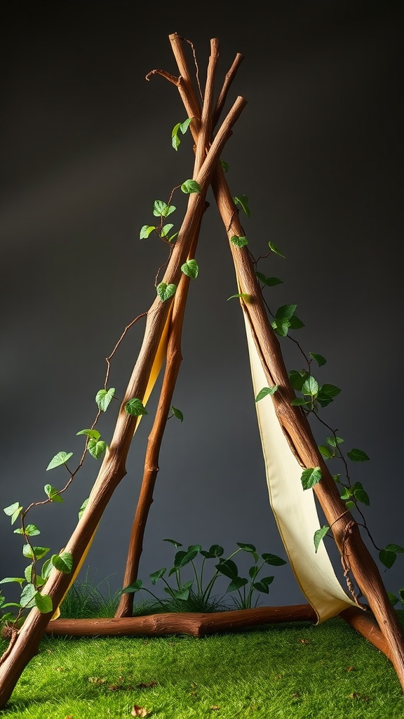 A teepee structure made of wooden poles surrounded by climbing vines, set in a grassy area.