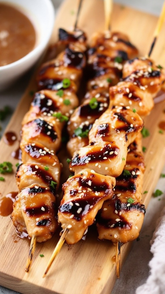 Delicious teriyaki chicken skewers on a wooden board with dipping sauce