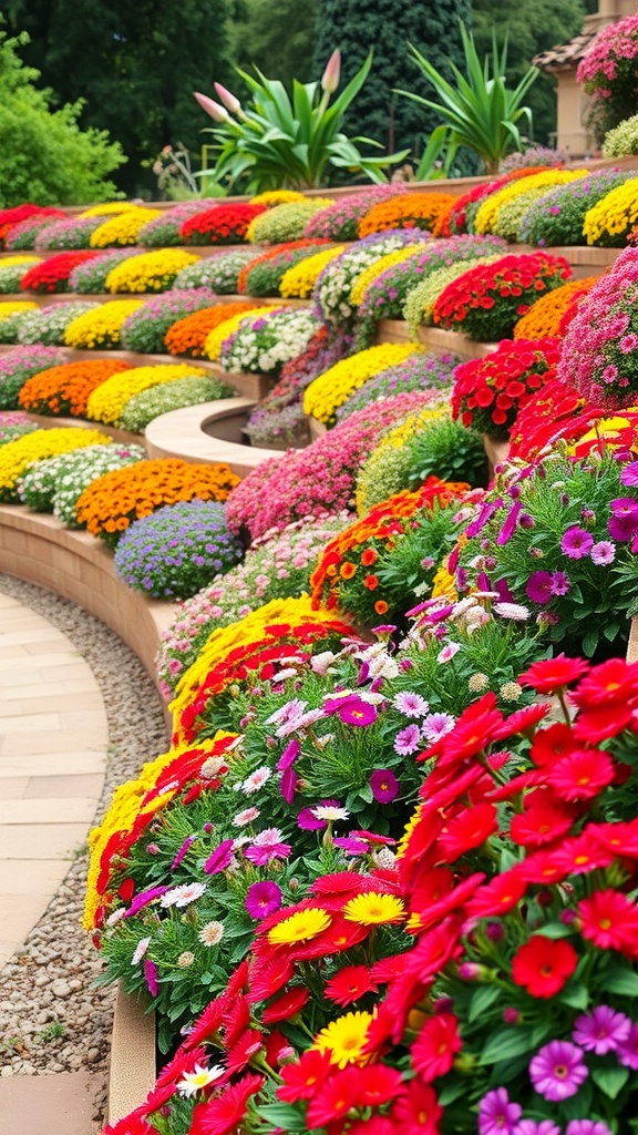 A colorful terraced flower bed with various flowers in vibrant colors.